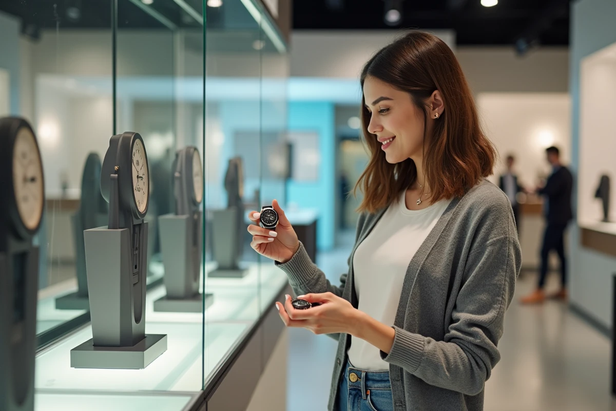 Jeune femme compare une montre de luxe dans un showroom lumineux