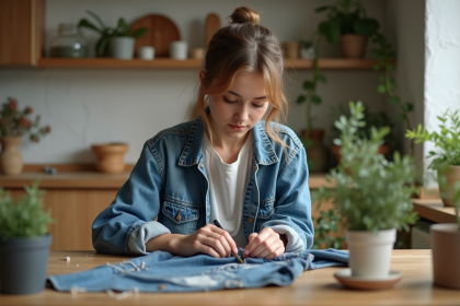 Jeune femme en couture durable répare un jean délavé à la maison