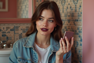 Femme appliquant un rouge à lèvres bordeaux dans une salle de bain rétro