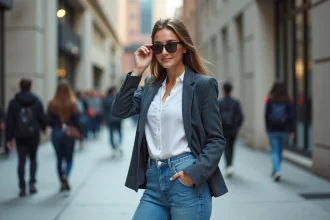 Jeune femme en blazer et jeans dans la ville