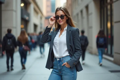 Jeune femme en blazer et jeans dans la ville