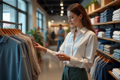 Jeune femme regardant un vêtement en magasin moderne