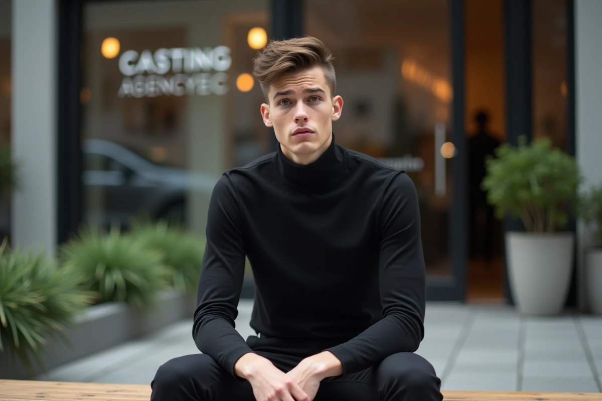 Jeune homme anxieux assis devant une agence de casting urbaine