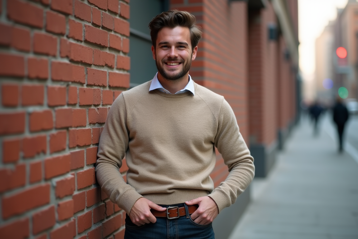 Jeune homme portant une ceinture en extérieur près d’un mur de briques