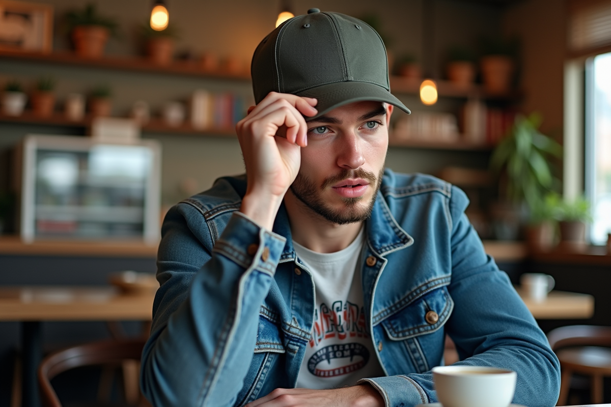 Jeune homme en veste en jean ajustant sa casquette dans un café cosy