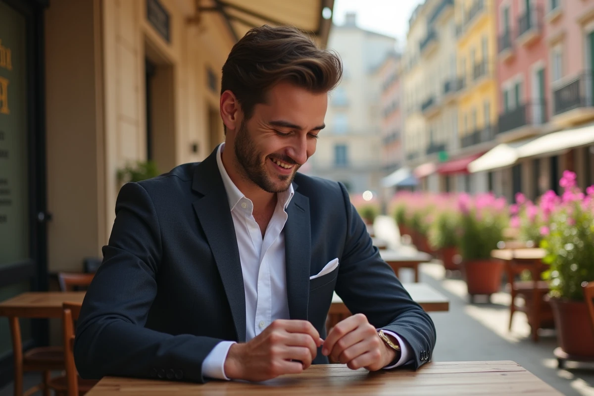 Jeune homme en costume cousant un bouton dans un café à Nice