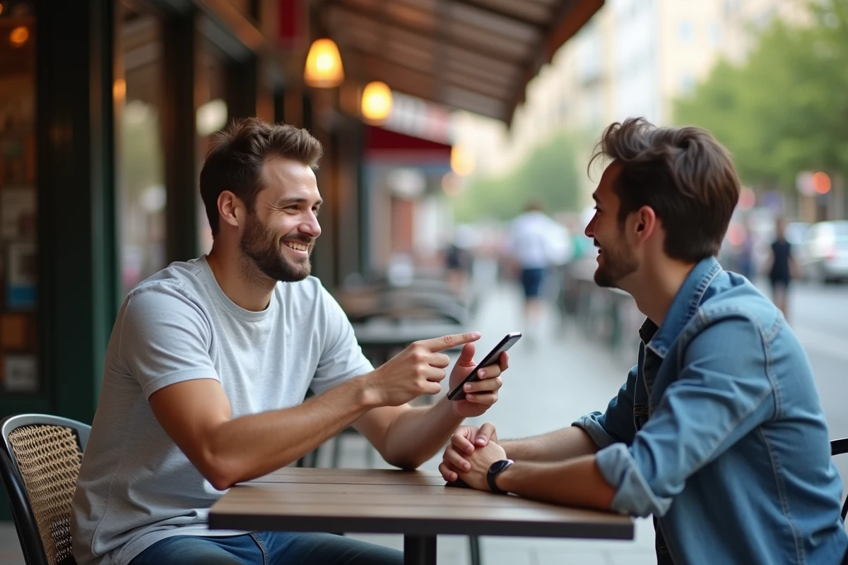 Jeune homme au café montrant son smartphone à un ami