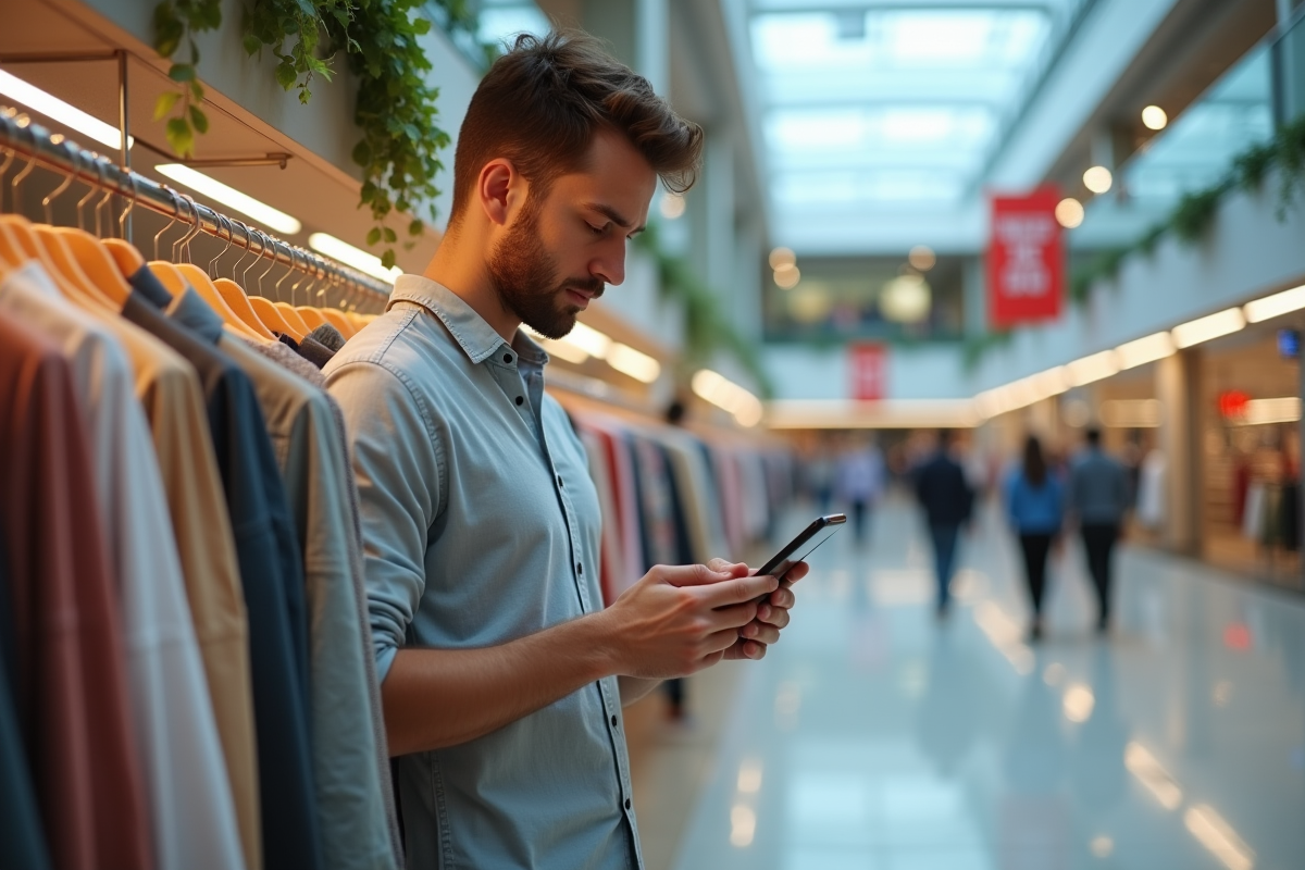 Jeune homme regardant son smartphone dans un centre commercial
