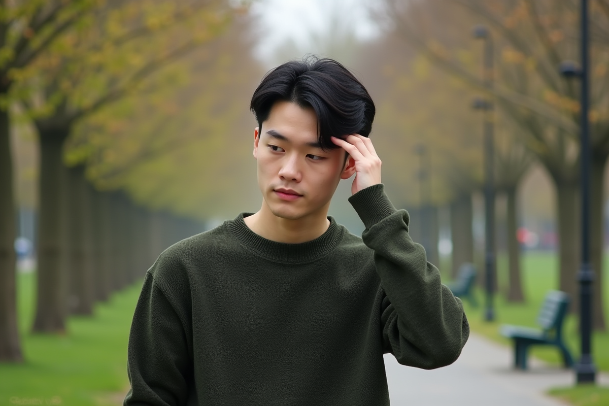 Jeune homme marchant dans un parc urbain au printemps