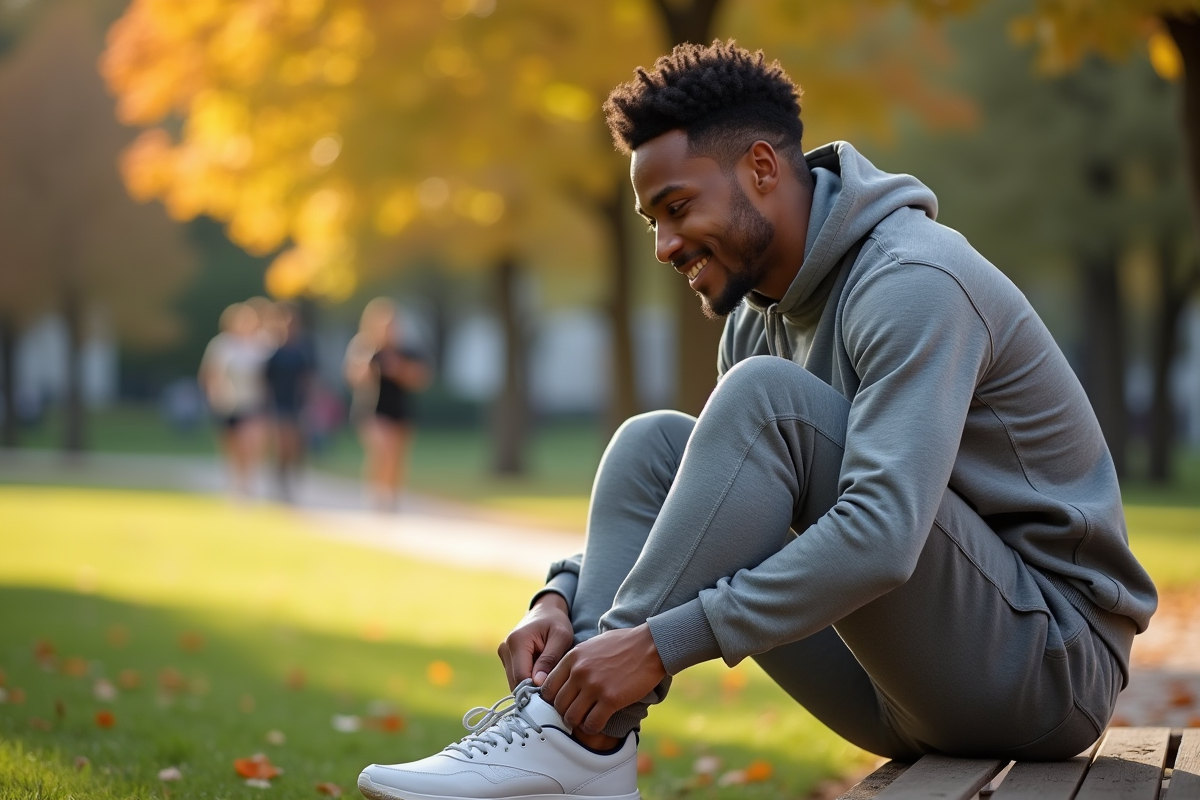 Jeune homme en jogging dans un parc ensoleille