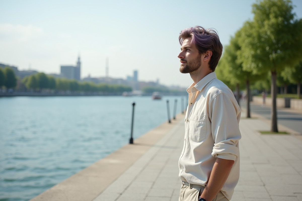 Jeune homme aux cheveux lilas près de la rivière