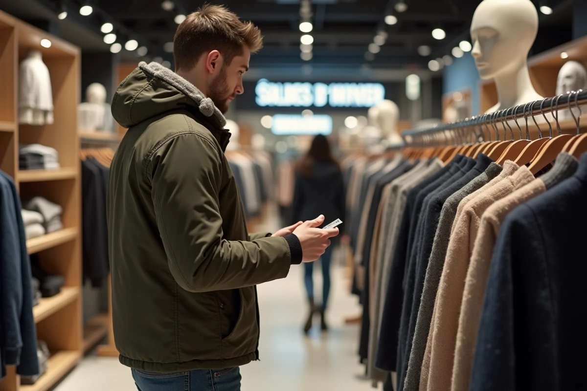 Jeune homme regardant des vêtements d hiver en magasin