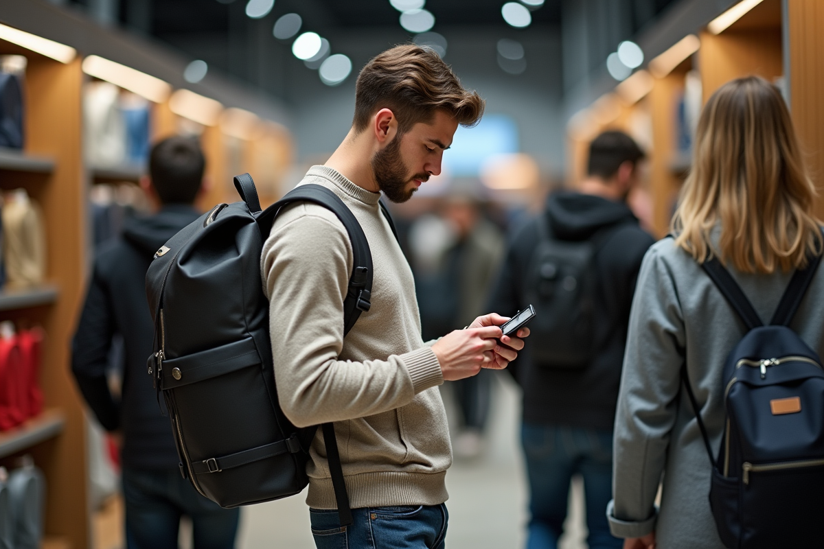 Jeune homme inspectant un sac à dos dans un magasin animé