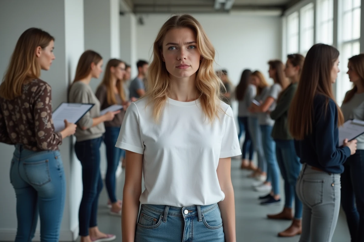 Jeune femme incertaine lors d'un casting dans un studio moderne