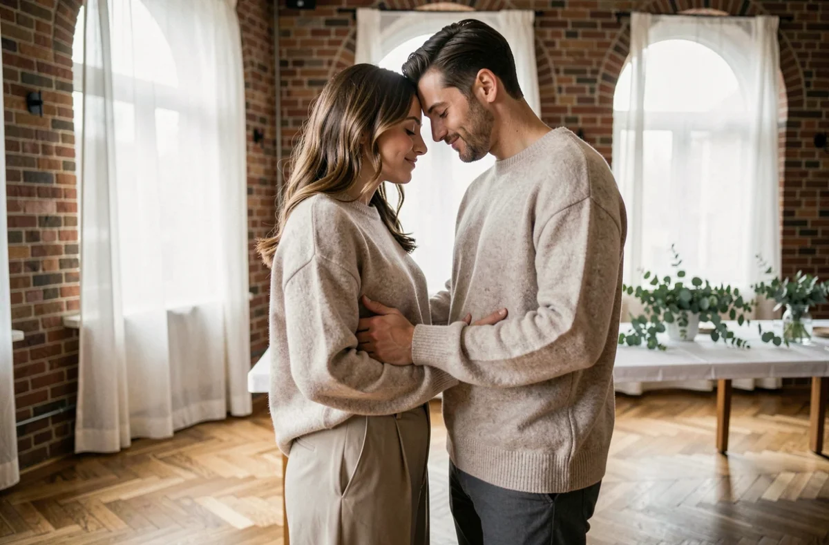 Jeunes mariés en pulls cachemire beige se regardant tendrement lors d'une réception de mariage civil intérieure