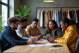 Groupe de jeunes adultes mode analysant tendances digitales
