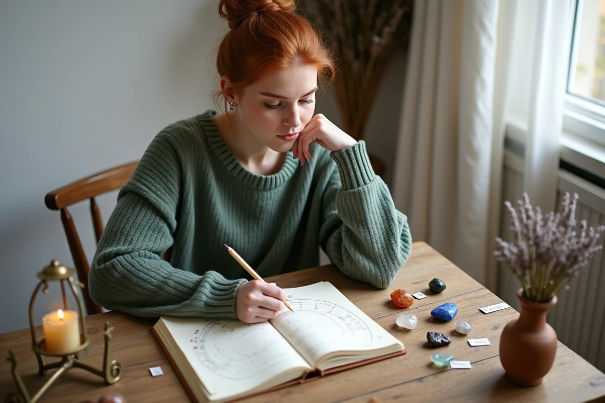 Jeune femme tenant un journal astral entourée de pierres gemmes tumbled et d'un thème natal dessiné à la main sur un bureau en bois rustique