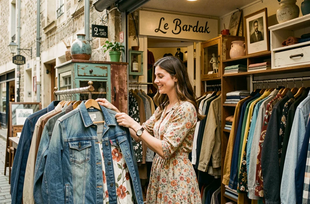 Une femme parcourant les portants de la friperie Le Bardak, boutique vintage au décor éclectique en Moselle