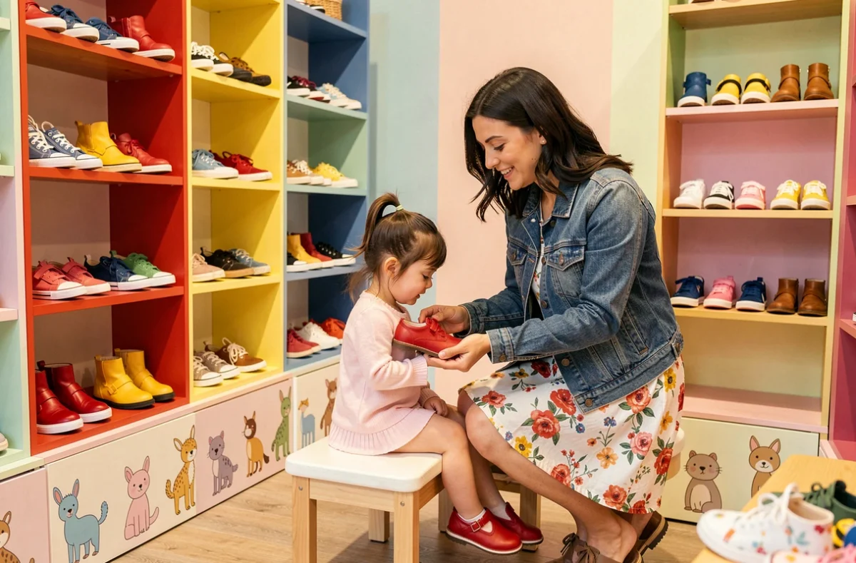 Mère et petite fille choisissant des chaussures enfants colorées dans la boutique Le Petit Lord à Arras