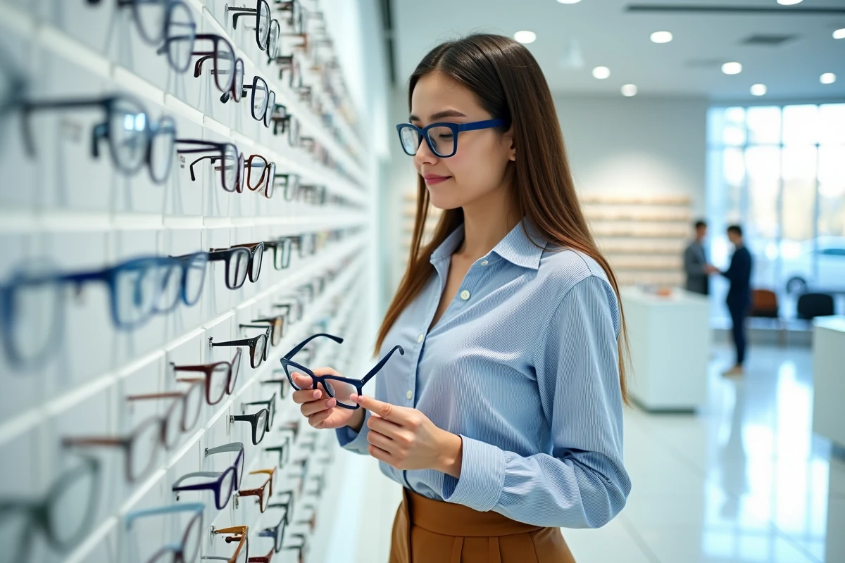 Jeune femme comparant des montures de lunettes tendance dans un magasin d'optique contemporain avec des prix accessibles