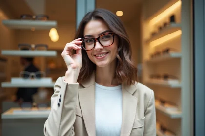 Femme trendy portant des lunettes tendance 2026 oversize en acétate devant une boutique d'optique moderne