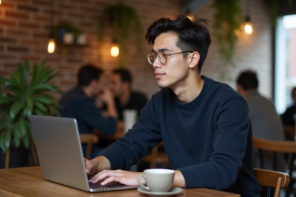 Homme en lunettes rondes dorées tendance 2026 assis dans un café travaillant sur son ordinateur portable