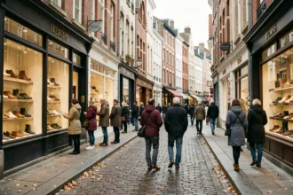 Rue commerçante animée dans les Hauts-de-France avec des vitrines de magasins de chaussures et des passants sur des pavés