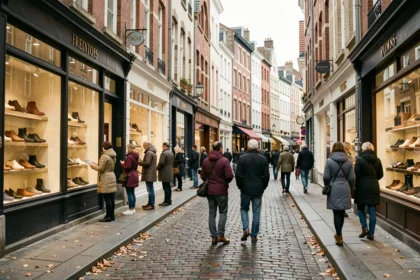 Rue commerçante animée dans les Hauts-de-France avec des vitrines de magasins de chaussures et des passants sur des pavés