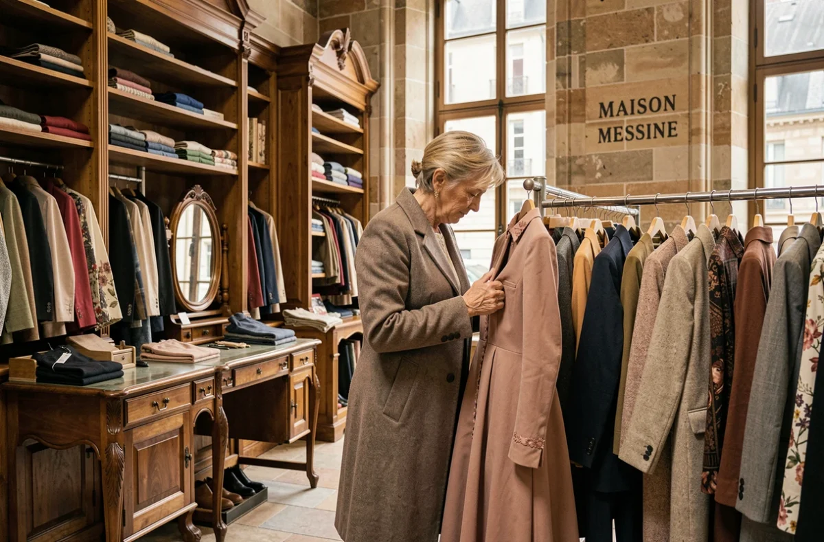 Une femme examinant une robe vintage dans la boutique Maison Messine au cadre élégant à Metz