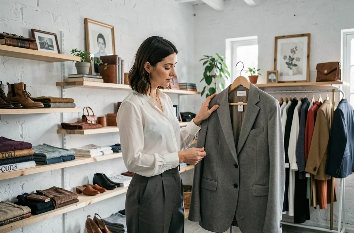 Une femme admirant un blazer vintage dans la boutique soignée Mal Fagotés en Moselle