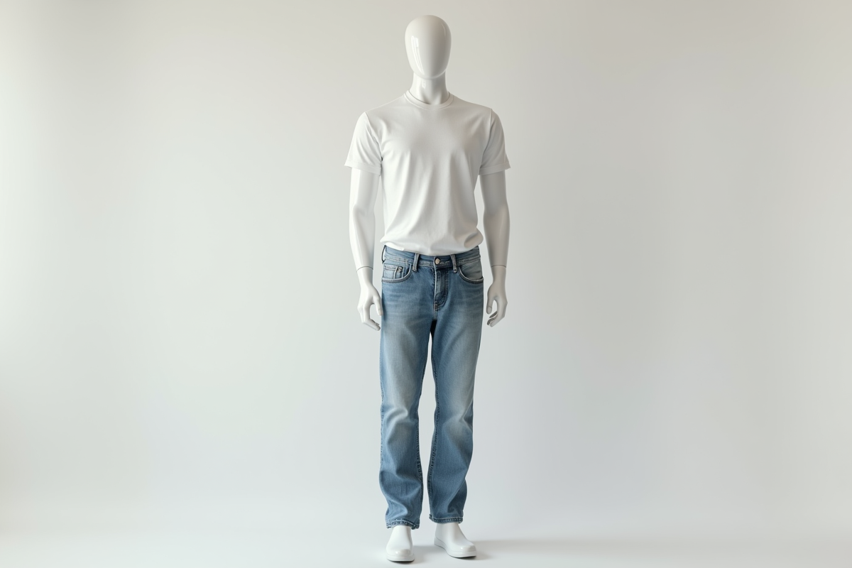 Mannequin homme en jeans et t-shirt pose en studio pour catalogue