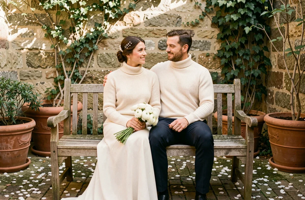 Mariés assis sur un banc en jardin portant des pulls en laine écrue pour un mariage civil élégant et décontracté