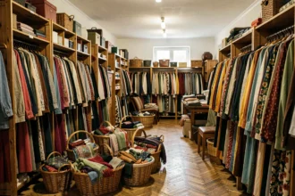 Intérieur d'une friperie en Moselle avec des portants chargés de vêtements colorés et des paniers d'accessoires