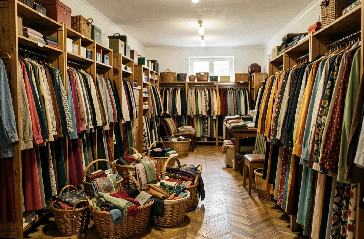 Intérieur d'une friperie en Moselle avec des portants chargés de vêtements colorés et des paniers d'accessoires