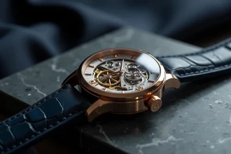 Montre de luxe tourbillon suisse avec cadran squelette gravé à la main posée sur marbre gris poli