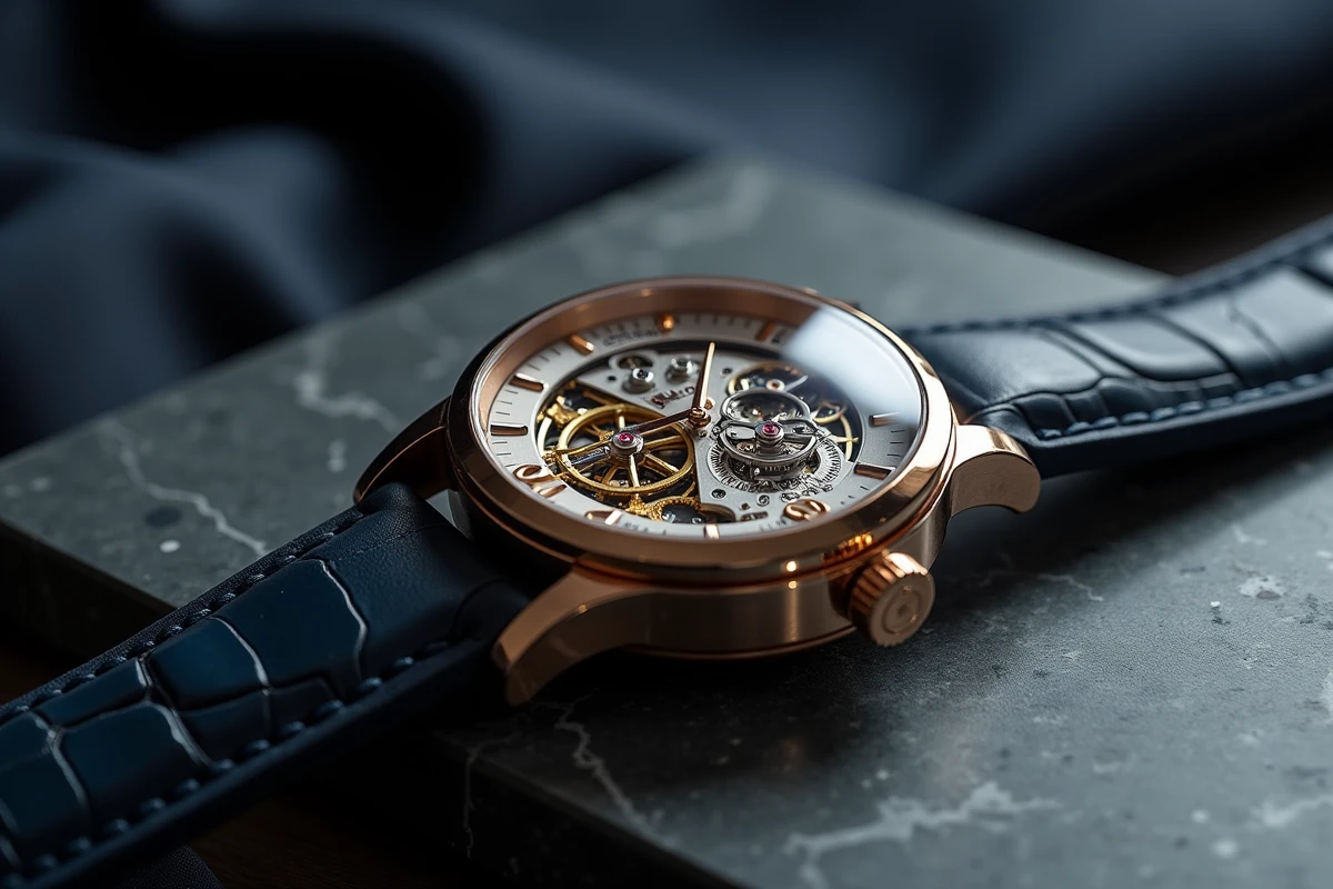 Montre de luxe tourbillon suisse avec cadran squelette gravé à la main posée sur marbre gris poli