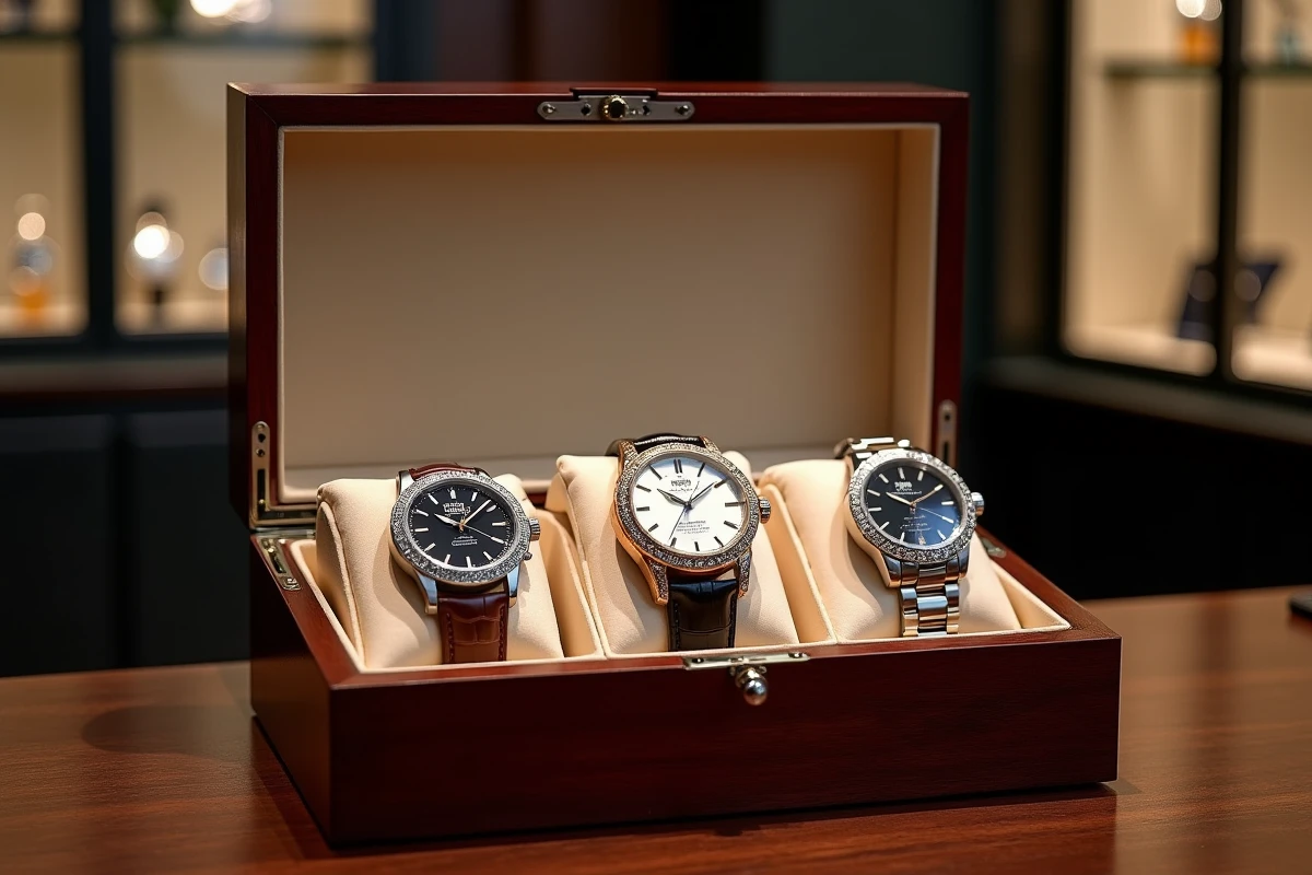 Trois montres de luxe exceptionnelles présentées dans un coffret en bois avec cadran émail et lunette sertie de diamants