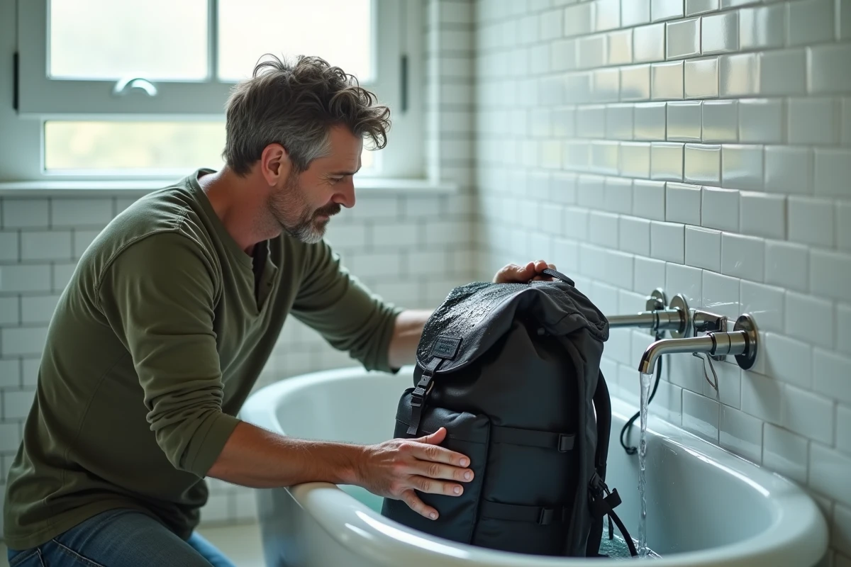 Homme nettoyant à la main un sac à dos imperméable noir dans une baignoire avec une brosse douce et de l'eau savonneuse