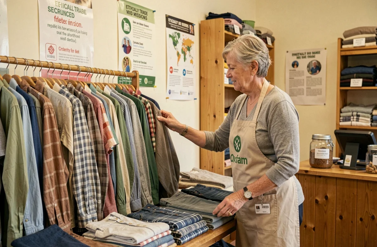 Bénévole arrangeant des chemises d'occasion dans la boutique Oxfam La Friperie, magasin de charité du Pas-de-Calais
