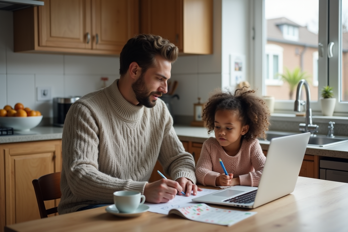 Père et fille en cuisine avec calendrier de ventes et café