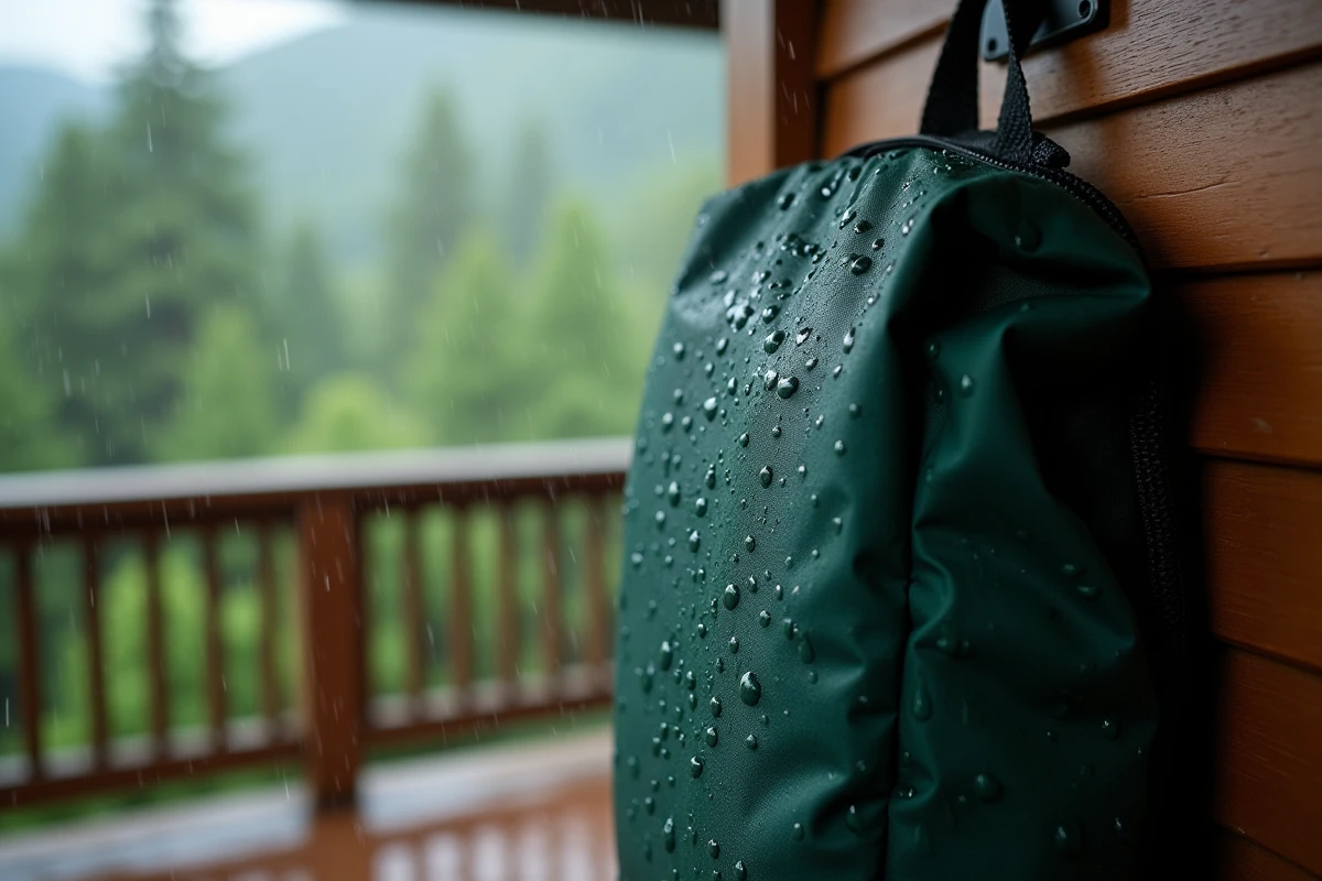 Gros plan de gouttes d'eau perlant sur le tissu nylon imperméable d'un sac à dos vert accroché à un porche après la pluie