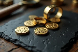 Poinçons d'or 750 et 585 gravés sur des bijoux en or arrangés sur une ardoise avec une loupe de bijoutier