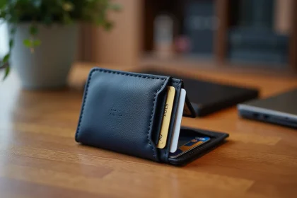 Porte-carte professionnel en cuir marine ouvert sur un bureau en ch&ecirc;ne, contenant des cartes bancaires et des cartes de visite organis&eacute;es