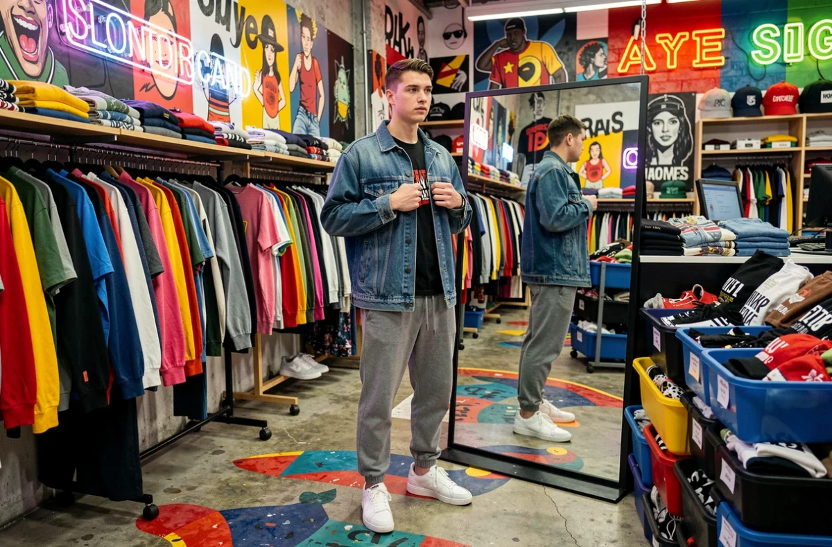 Jeune homme essayant une veste en jean dans le magasin Power Frip Fashion, friperie de mode du Pas-de-Calais