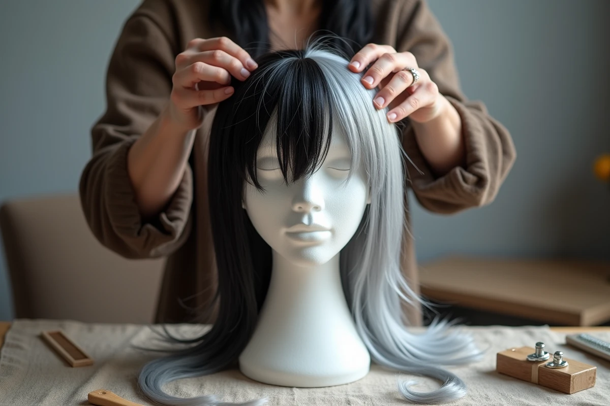 Mains posant une perruque coupe mulet bicolore sur une tête de mannequin pour un déguisement