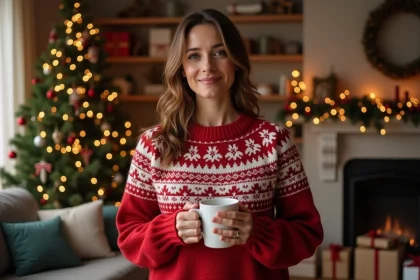 Femme portant un pull de Noël classique rouge à motif Fair Isle dans un salon décoré pour les fêtes