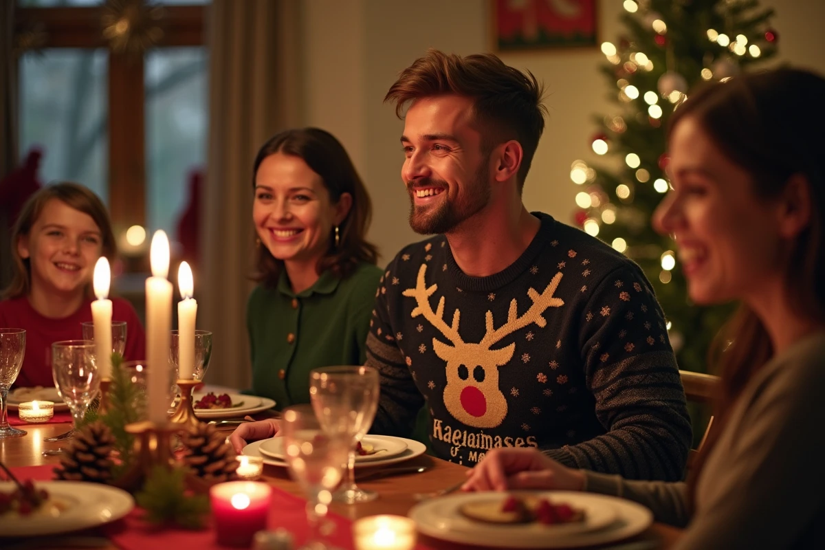 Homme portant un pull de Noël personnalisé avec prénom brodé lors d'un repas de famille festif