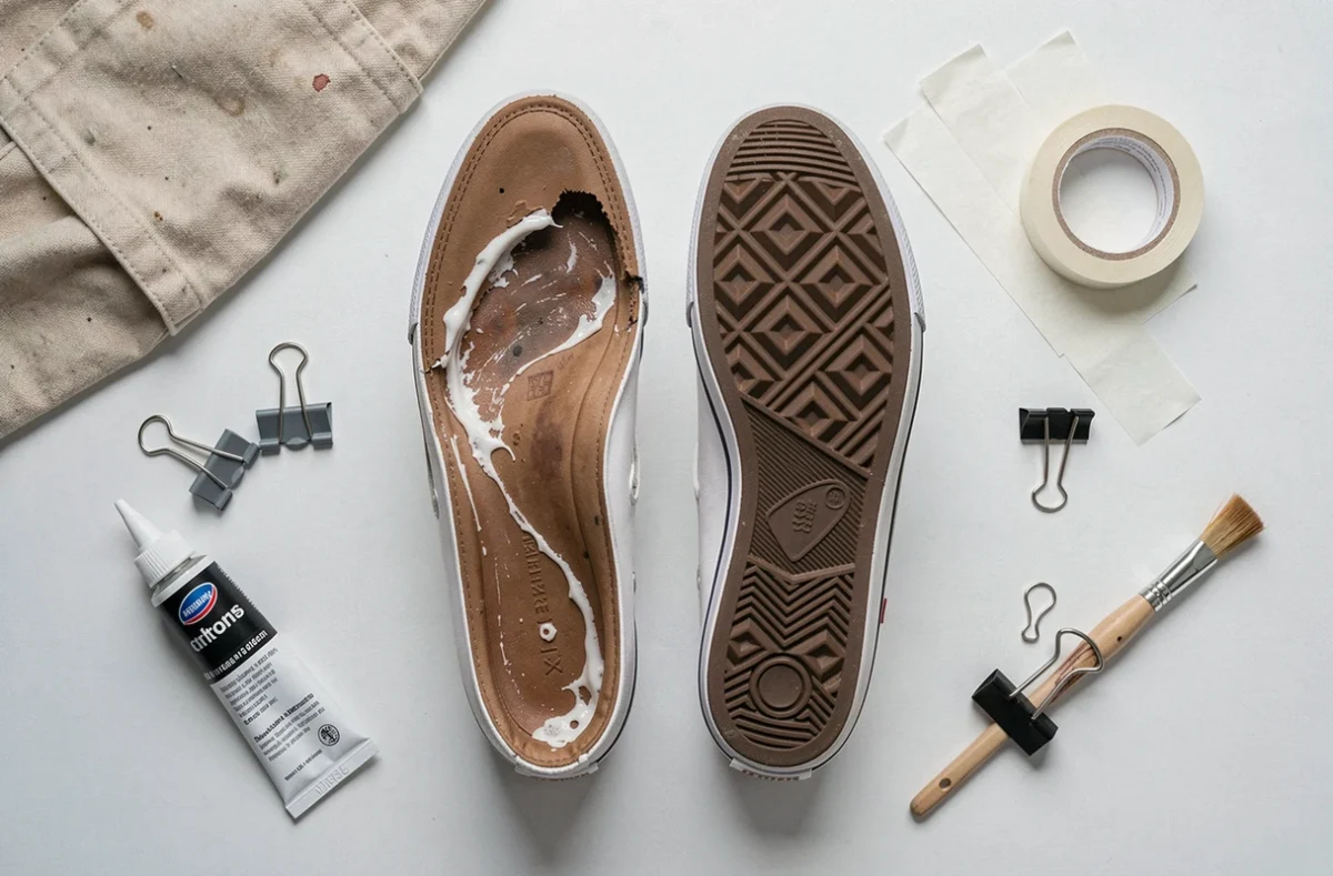 Vue de dessus des outils de réparation de semelle décollée posés à côté de baskets avant lavage en machine