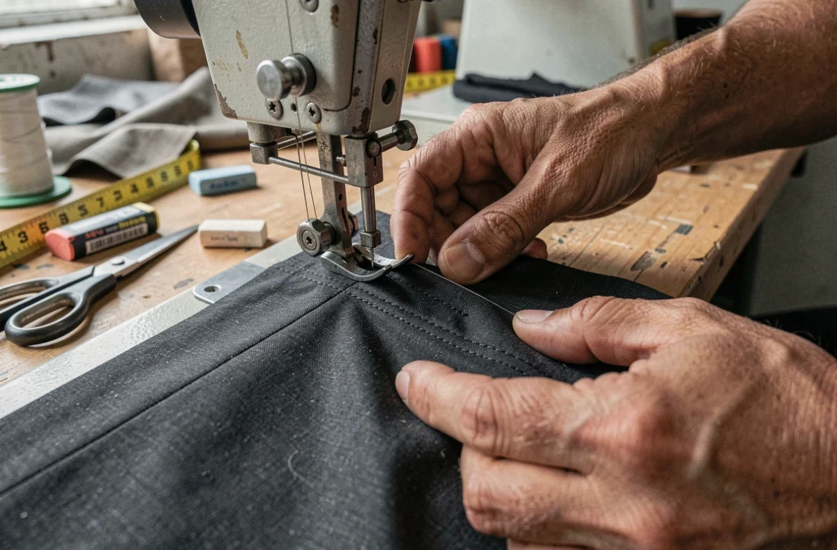 Gros plan sur des mains de tailleur cousant la couture d'un pantalon en tissu sombre à la machine industrielle