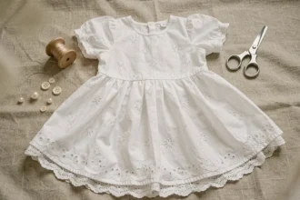 Robe de baptême bébé faite main en coton blanc avec dentelle et boutons nacrés, posée à plat sur du lin naturel
